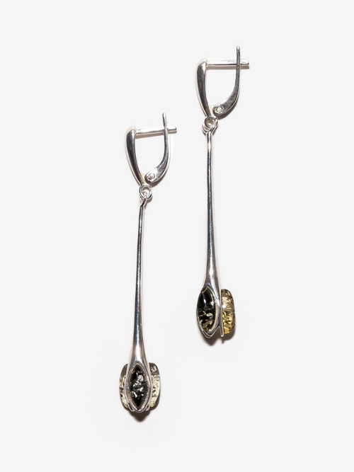 Длинные серьги с цельным зеленым янтарем, длина 6 см