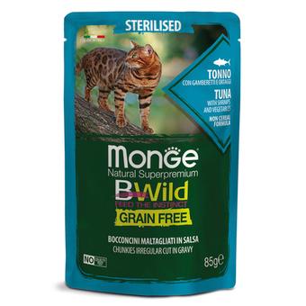 Влажный корм Monge Cat BWild GRAIN FREE для стерилизованных кошек, беззерновой, из тунца с креветками и овощами, паучи 85 г - 28 шт