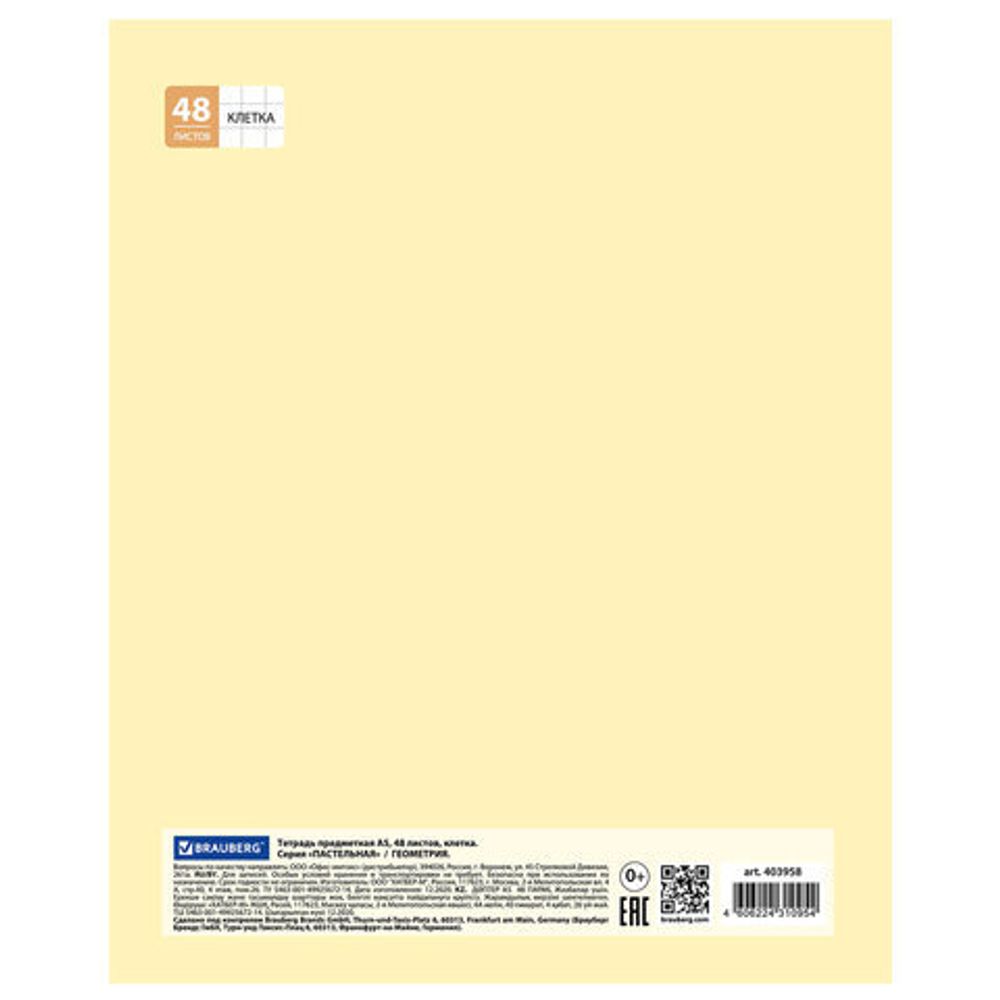 Тетрадь предметная ПАСТЕЛЬНАЯ 48 листов, обложка картон, ГЕОМЕТРИЯ, клетка, подсказ, BRAUBERG, 403958