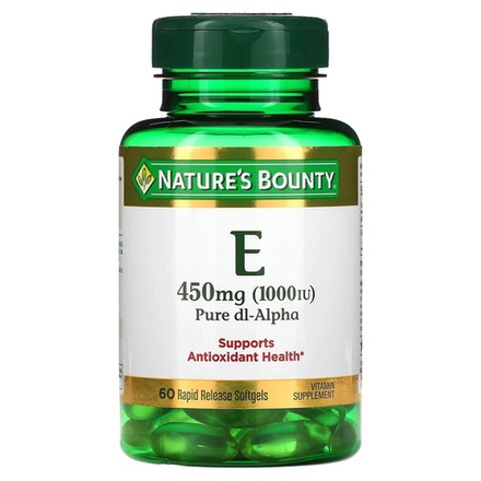 Nature's Bounty, витамин E, чистый Dl-альфа, 450 мг (1000 МЕ), 60 капсул с быстрым высвобождением