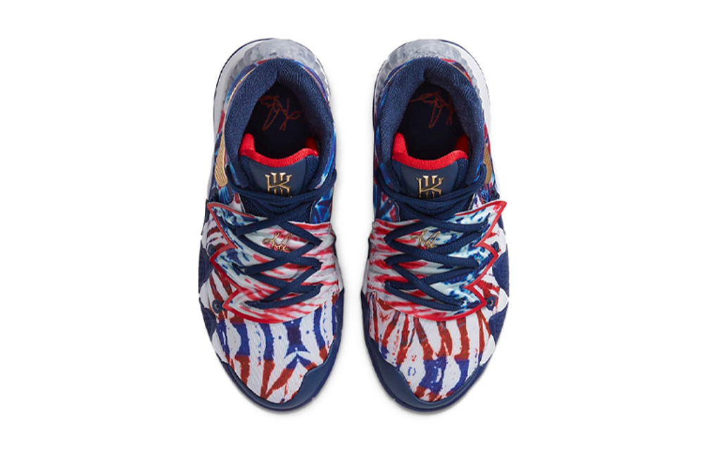 Big boy Nike Kyrid S2 "What the USA" tie-dye non-slip shock absorption middle-top children's basketball shoes blue, white and red