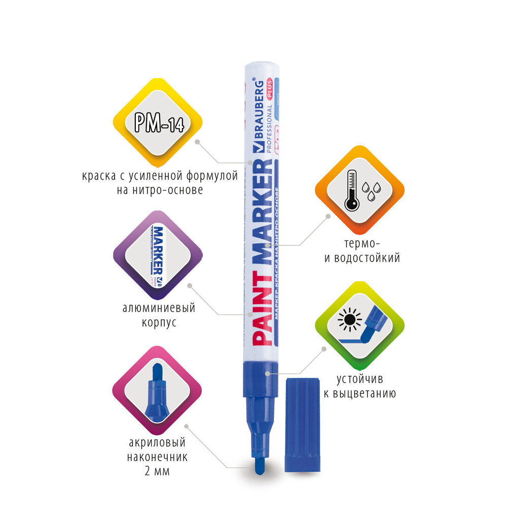 Маркер-краска лаковый (paint marker) 2 мм синий нитро-основа алюминиевый корпус BRAUBERG PROFESSIONAL PLUS (12 штук в упаковке)
