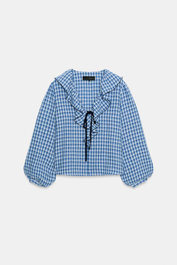 ZARA БЛУЗА В КЛЕТКУ ВИШИ С ВОЛАНАМИ, СИНИЙ/БЕЛЫЙ