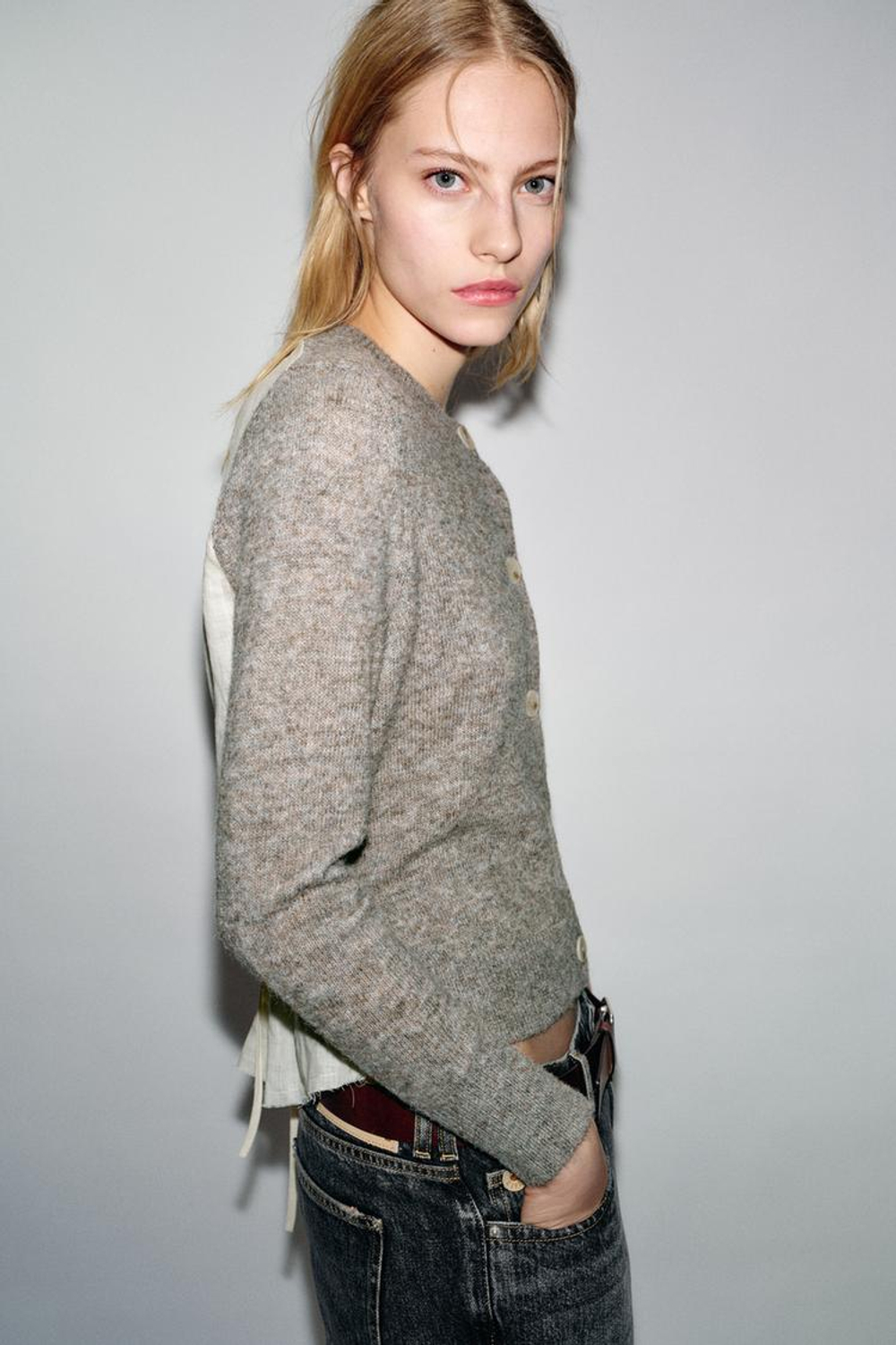 ZARА КАРДИГАН ИЗ КОМБИНИРОВАННОЙ ТКАНИ С ПОЯСОМ, СЕРЫЙ МЕЛАНЖ