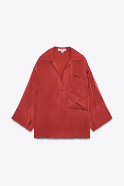 ZARA АТЛАСНАЯ РУБАШКА С КАРМАНОМ — LIMITED EDITION, ТЕМНО-РОЗОВЫЙ