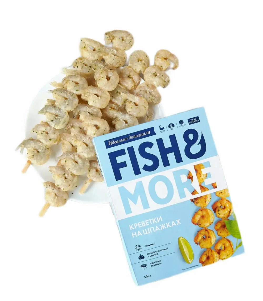 Креветка Ваннамей на шпажке, очищ., с/м, индивид, 31-40 шт/фунт 0,5 кг, карт., 3 кг, чесночный мари