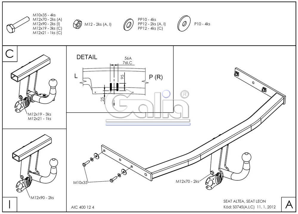 Фаркоп оцинкованный Galia S074A для SEAT Altea 2004-2015, SEAT Leon 2005-2013(паспорт и сертификат в комплекте)(без электрики)