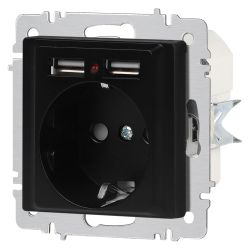 Розетка Intro Accent 6-410-05 , P+E Schuko со шторками, 16А-250В + 2хUSB, IP20, СУ, антрацит | Intro