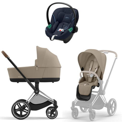 Коляска 3 в 1 Cybex Priam IV Chrome Brown complete и автокресло Aton S2 i-Size Ocean Blue Cozy Beige