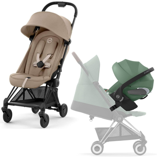Коляска Cybex Coya Matt Black Frame Cloud T i-Size Leaf Green Plus 2 в 1 Cozy Beige с дождевиком и бампером