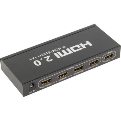 Разветвители и преобразователи видеосигнала ORIENT HSP0104HL-2.0, HDMI 4K Splitter 1->4, HDMI 2.0/3D, UHDTV 4K/ 60Hz (3840x2160)/HDTV1080p, HDCP2.2, внешний БП 5В/2.0А, метал.корпус (30680)