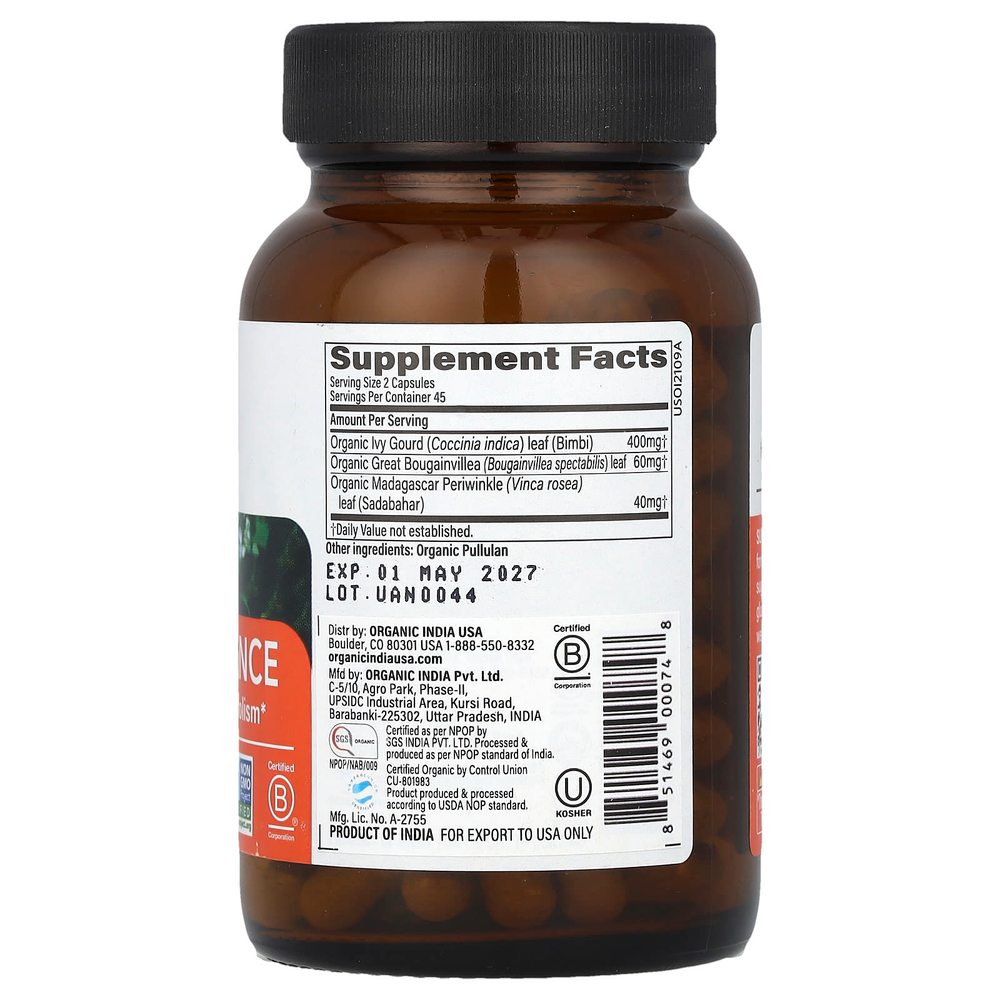Organic India, Sugar Balance, здоровый метаболизм глюкозы, 90 растительных капсул