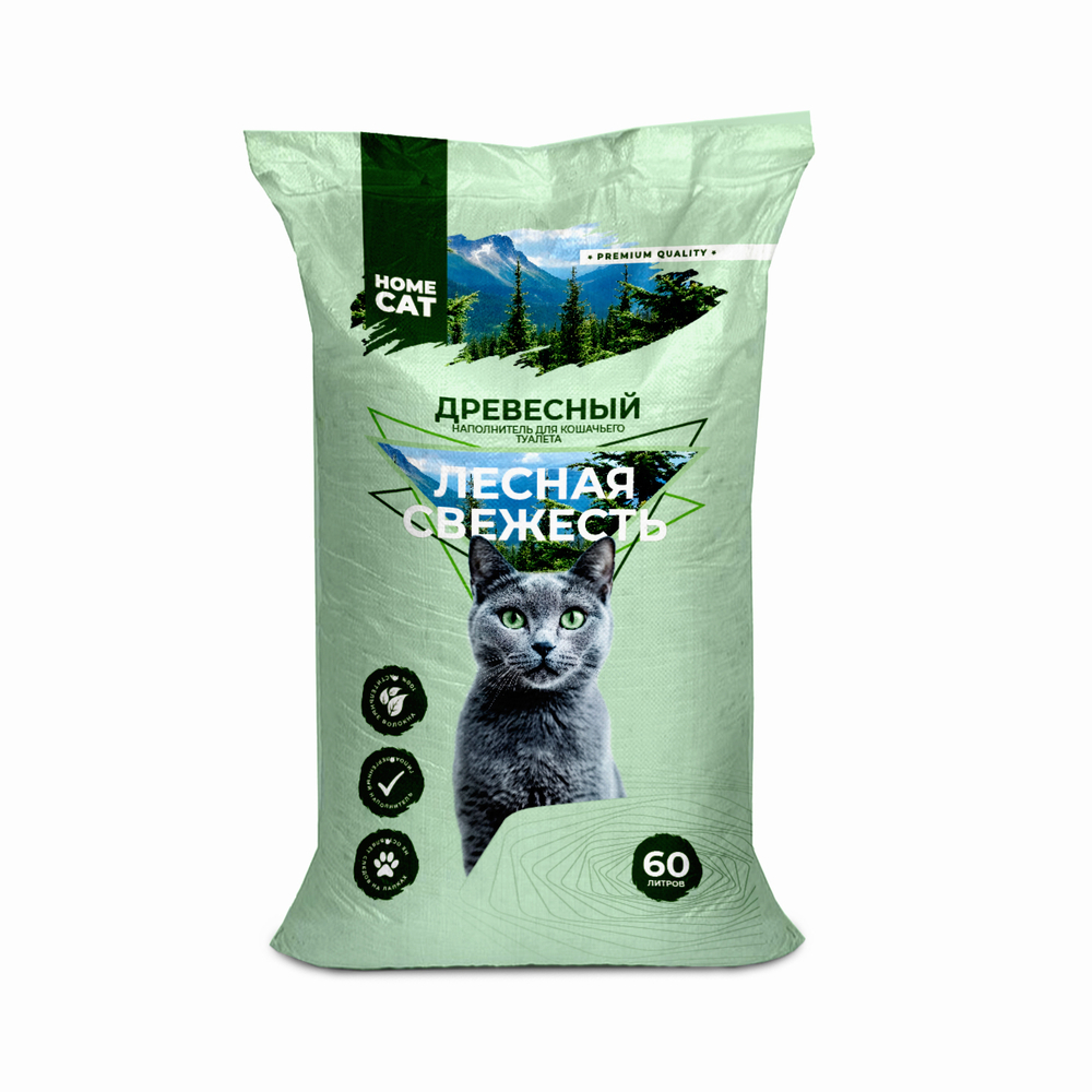 Древесный наполнитель HOMECAT Лесная свежесть для кошачьих туалетов мелкие гранулы 20 кг
