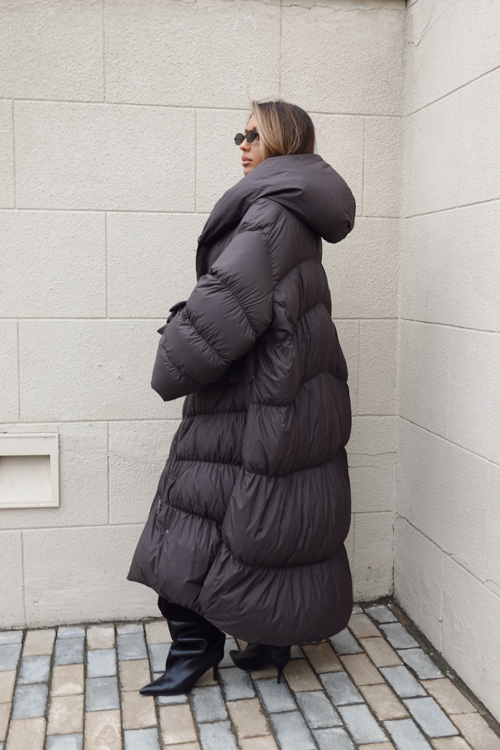 Пуховик А-силуэта в длине макси
