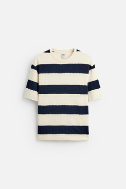 ZARA ЖАККАРДОВАЯ ФУТБОЛКА В ПОЛОСКУ, ЖЕЛТОВАТО-БЕЛЫЙ