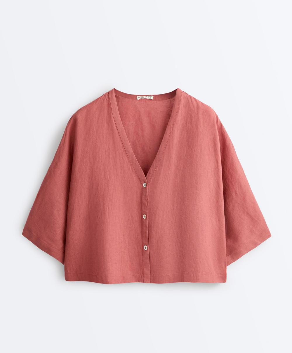 Oysho Рубашка с коротким рукавом из 100% льна, коралловый