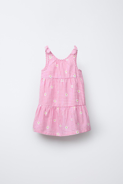 ZARA ПЛАТЬЕ В КЛЕТКУ ВИШИ С ЦВЕТОЧНЫМ УЗОРОМ, РОЗОВЫЙ