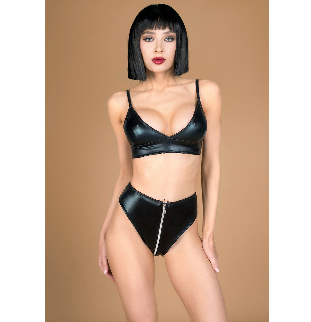 Комплект лиф и трусики с молнией Le Frivole wet look черный L/XL