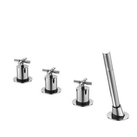 Steinberg Серия 250 Смеситель для ванны на 4 отверстия для применения со сливным-переливным-заливным гарнитуром, с 90° керамическими вентилями, с переключателем и выдвижным ручным душем, хром 250 2480