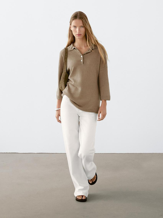 Massimo Dutti Свитер оверсайз с воротником поло, хаки
