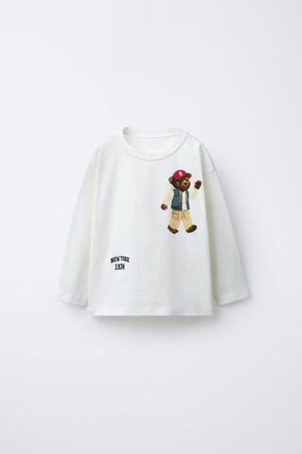 ZARA ФУТБОЛКА С ВЫШИВКОЙ «МЕДВЕДЬ», БЕЛЫЙ