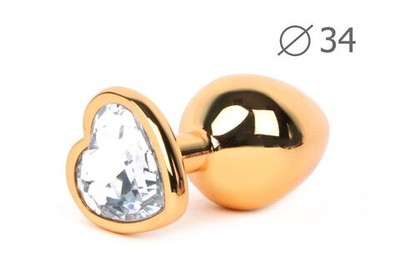 Каплевидная гладкая золотистая анальная втулка с кристаллом-сердечком прозрачного цвета - 8 см. (Цвет: прозрачный)