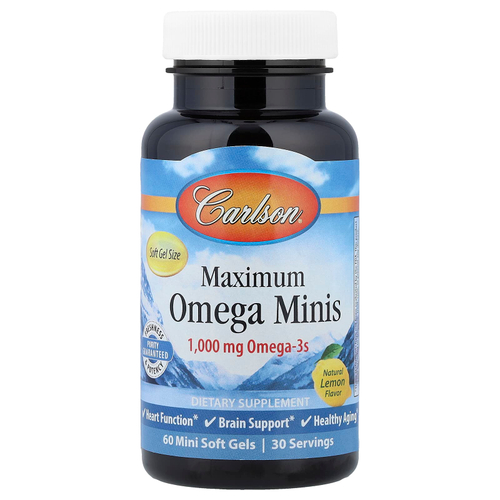Carlson, Maximum Omega мини, натуральный лимон, 60 мини-капсул (500 мг в 1 капсуле)