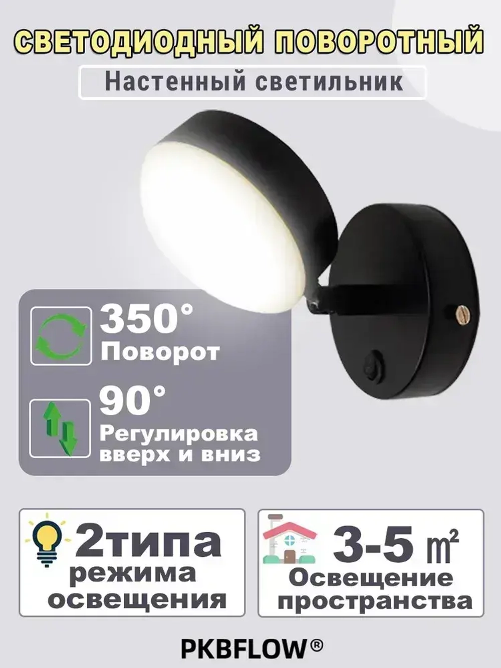 PKBFLOW Светильник настенный,с выключателем, трехцветный свет, 220V, черный