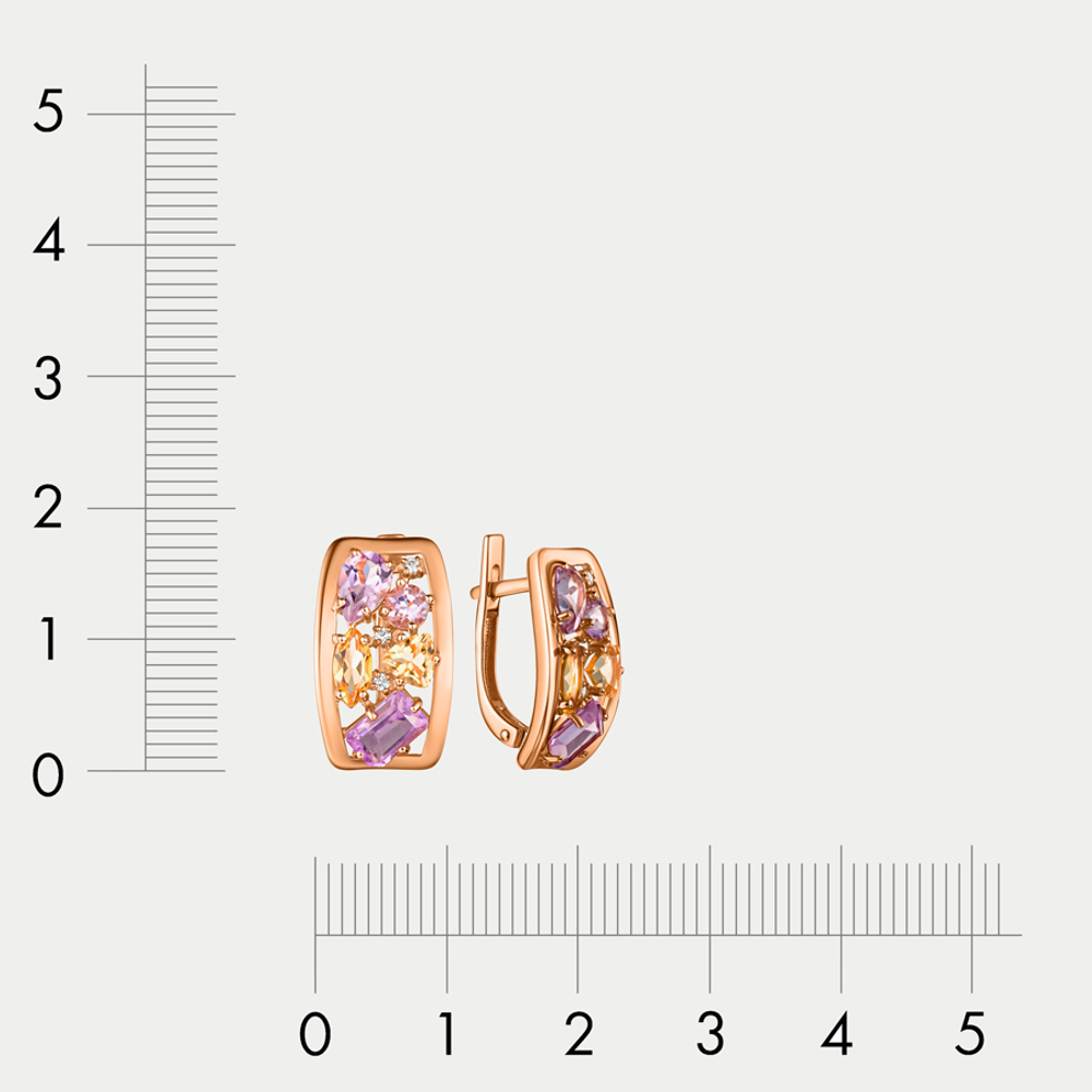 Серьги женские с аметистом, цитрином и фианитом из розового золота 585 пробы (арт. 200-1294_am-001)