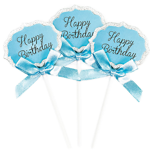 Топперы, Happy Birthday (серебряный глиттер), Голубой, с блестками, 5 шт.