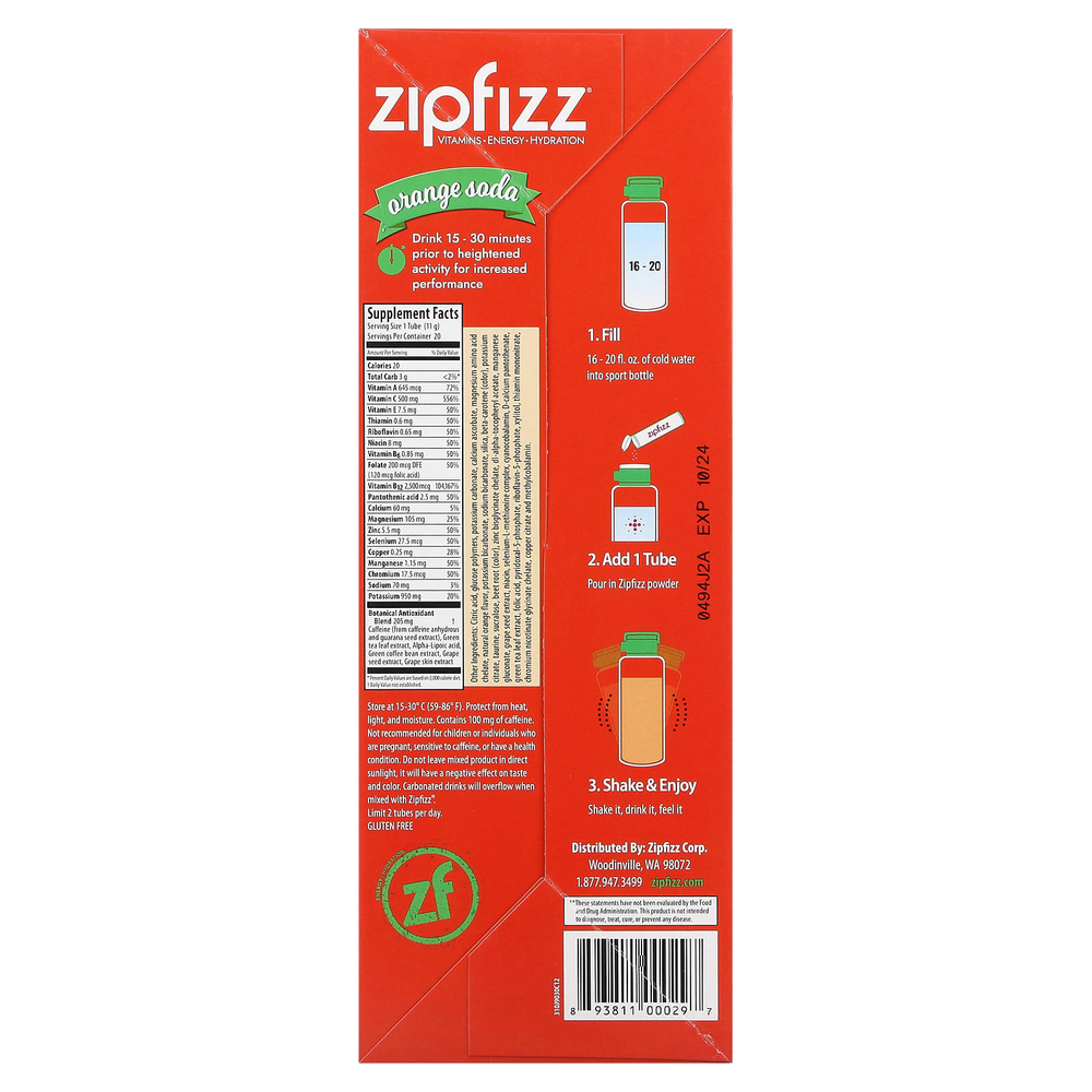 Zipfizz, Energy Drink Mix, апельсиновая сода, 20 тюбиков, 11 г (0,39 унции)