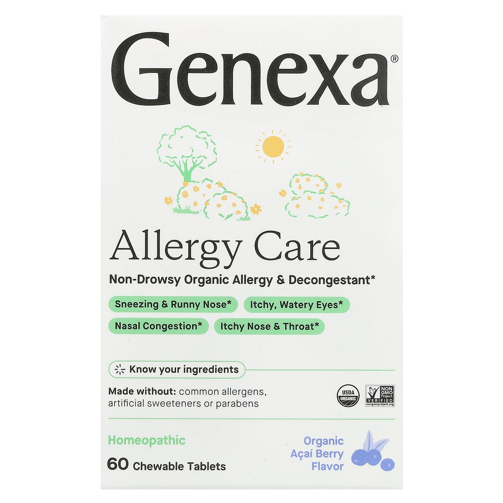 Genexa, Allergy Care, органическое противоаллергическое средство без сонливости, органические ягоды асаи, 60 жевательных таблеток