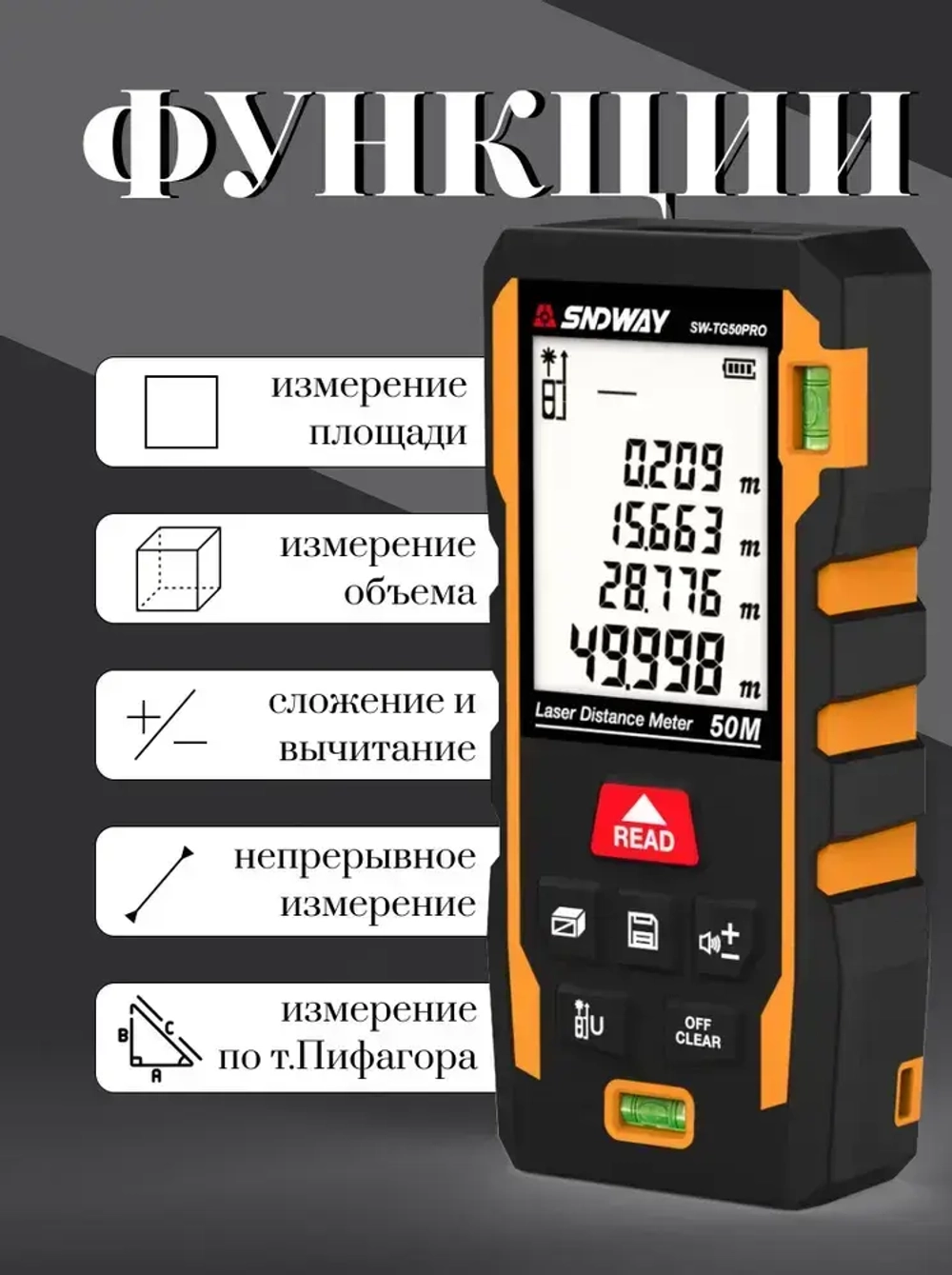 Лазерный дальномер 50м рулетка строительная SW-TG50PRO