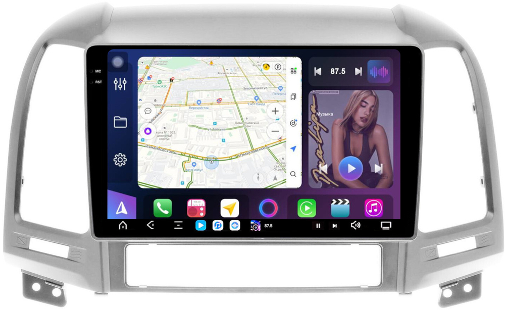 Магнитола для Hyundai Santa Fe 2 CM 2006-2012 (рамка серебро) - FarCar XXL008M монитор 9.5" 2K QLED на Android 14, TS20, 8+256Гб, CarPlay, 4G SIM-слот