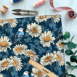 Ткань премиум дюспо птицы в ромашках