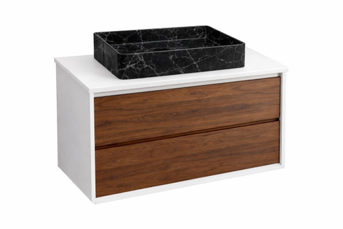 Тумба под раковину COOL с 2 выдвижными ящиками 80х45х54 CL.080.WNOGAL белый/орех+Столешница накладная на тумбу для раковины-чаши FLAT 81x46 EP081.W белый+Раковина накладная прямоугольная 470x360x110 мм QTRO47 23584 мрамор чёрный