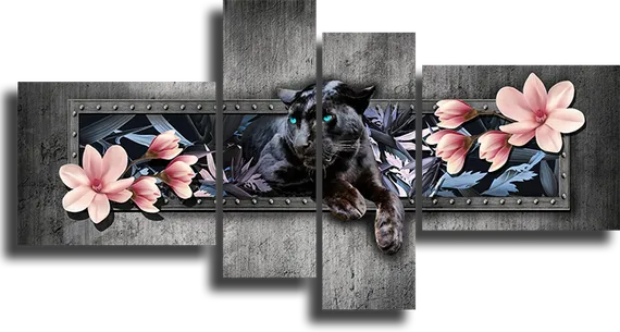 Модульная картина "Пантера и цветы"