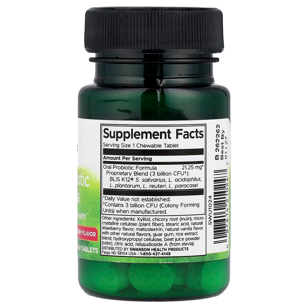 Swanson, Формула с пробиотиками для перорального применения, натуральная клубника, 3 млрд КОЕ, 30 жевательных таблеток