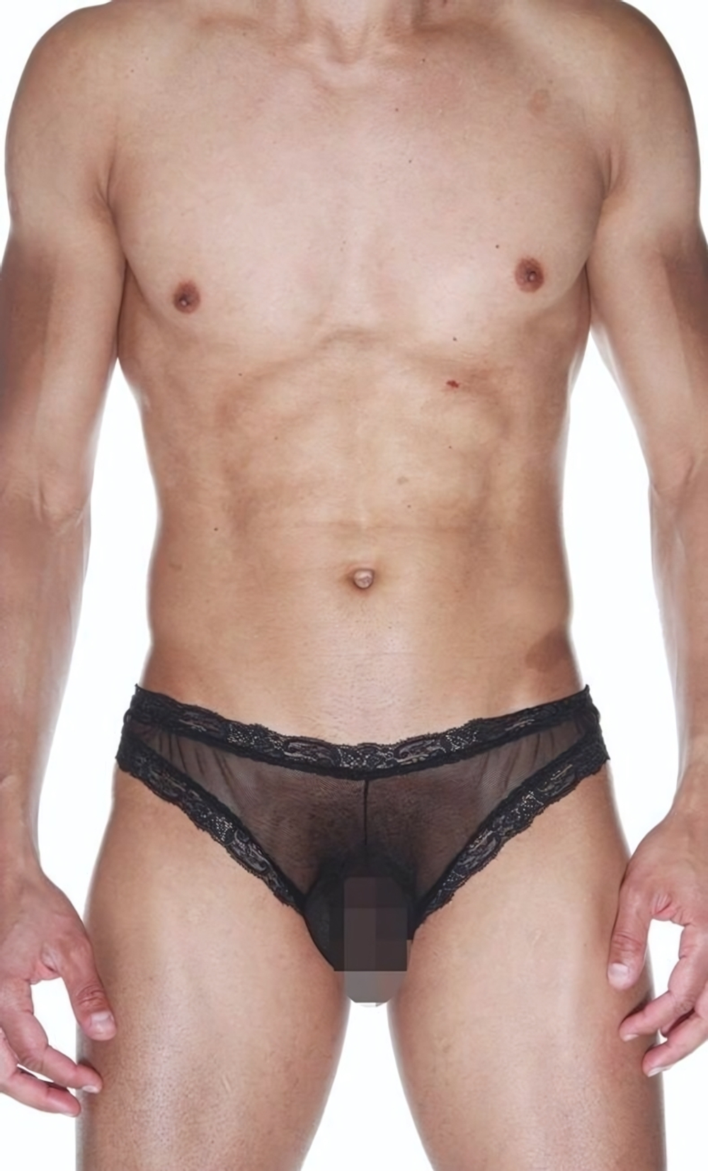 Мужские трусы-бразилиана с кружевной отделкой (Размер: S-M) (Цвет: черный)