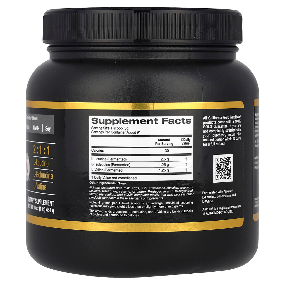 California Gold Nutrition, Sport, BCAA в порошке, аминокислоты с разветвлённой цепью AjiPure® с L-лейцином, L-изолейцином и L-валином, 454 мг (1 фунт)