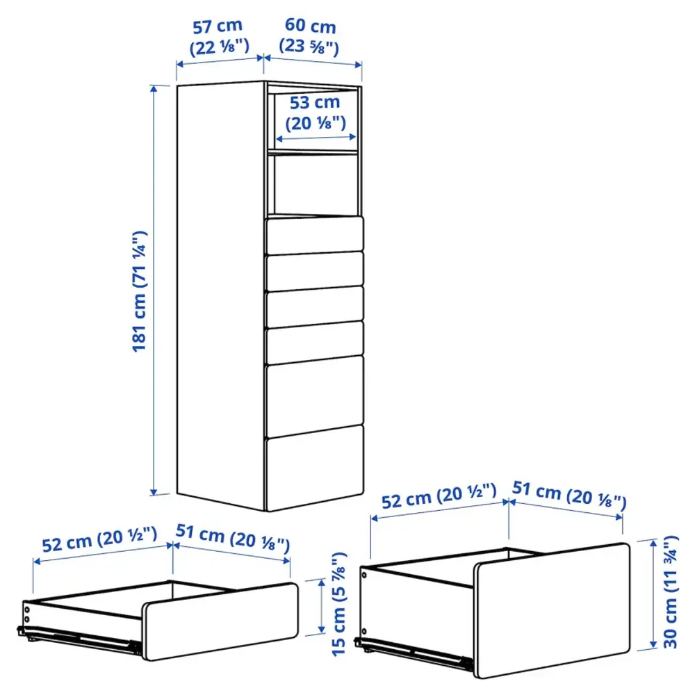 Комод детский - IKEA PLATSA/SMÅSTAD/SMASTAD, 60x55x180 см, белый/серый, ИКЕА