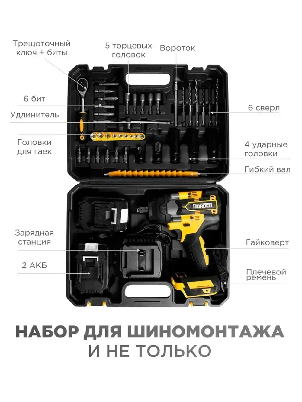 Гайковерт аккумуляторный HORDER HW-2000-Li2 PRO бесщеточный ударный в кейсе с набором оснастки 1800 Нм, 2 аккумулятора 24 В 6 Ач