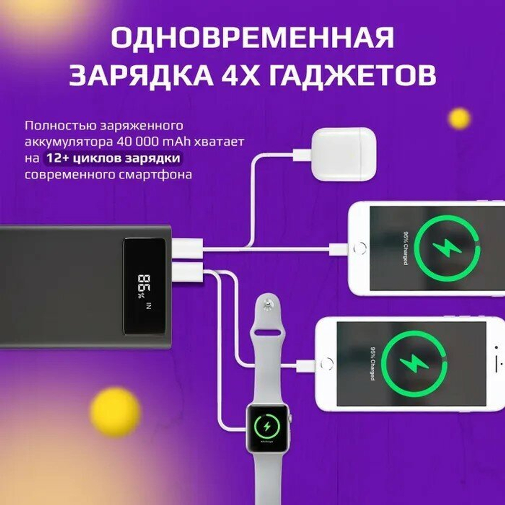 Power Bank внешний аккумулятор 40000 mAh с быстрой зарядкой и фонариком, черный