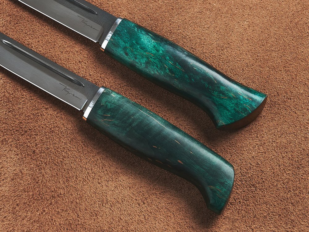 Спарка Финских ножей, сталь Х12МФ, рукоять зеленая стабилизированная карельская береза