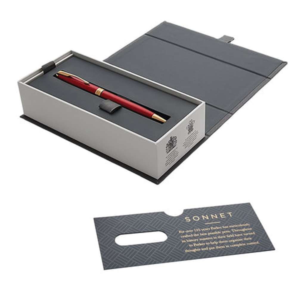 Ручка шариковая PARKER "Sonnet Core Intense Red Lacquer GT Slim" тонкая, корпус красный глянцевый лак, позолоченные детали, черная, 1931477
