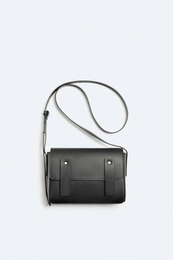 ZARA КОЖАНАЯ СУМКА ЧЕРЕЗ ПЛЕЧО С КЛАПАНОМ, ЧЕРНЫЙ