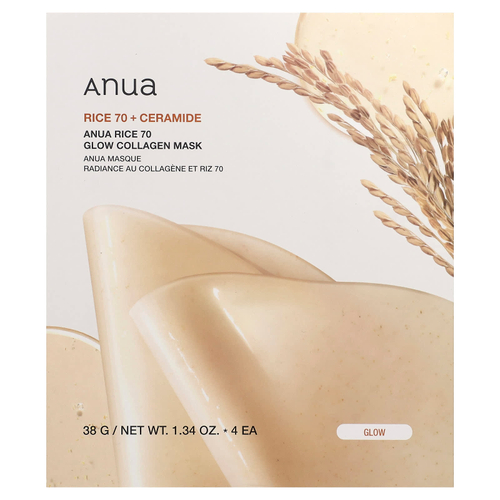 Anua, Rice 70 Glow Collagen, маска для лица с коллагеном, 4 шт. по 38 г (1,34 унции)