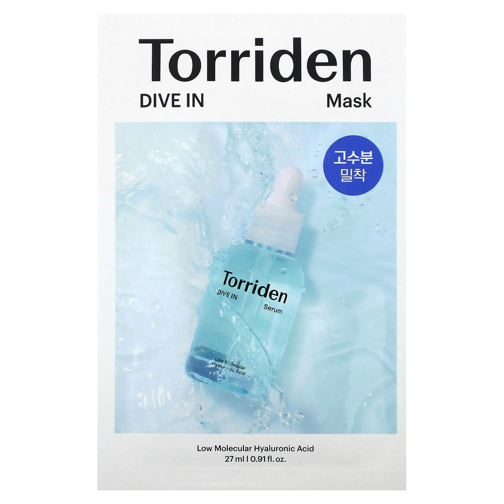 Torriden, Dive In, косметическая маска с низкомолекулярной гиалуроновой кислотой, 1 листовая маска, 27 мл (0,91 жидк. Унции)