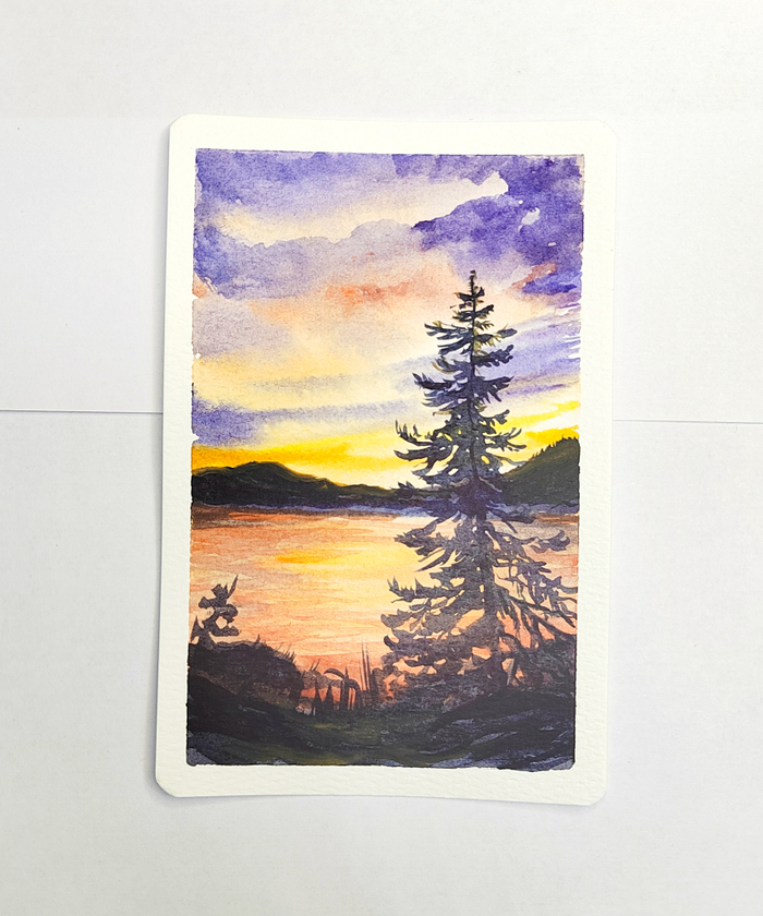 Авторская открытка от Стрелки Натали. Акварель. Закат на водоёме