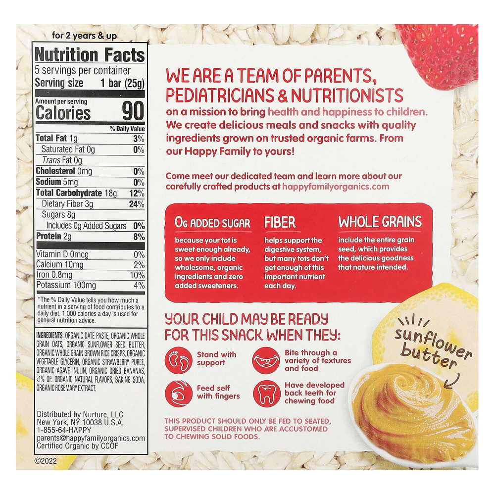 Happy Family Organics, Happy Tot, суперфуды, овсяный батончик без глютена, органические бананы, клубника и подсолнечное масло, 5 батончиков, 25 г (0,88 унции)